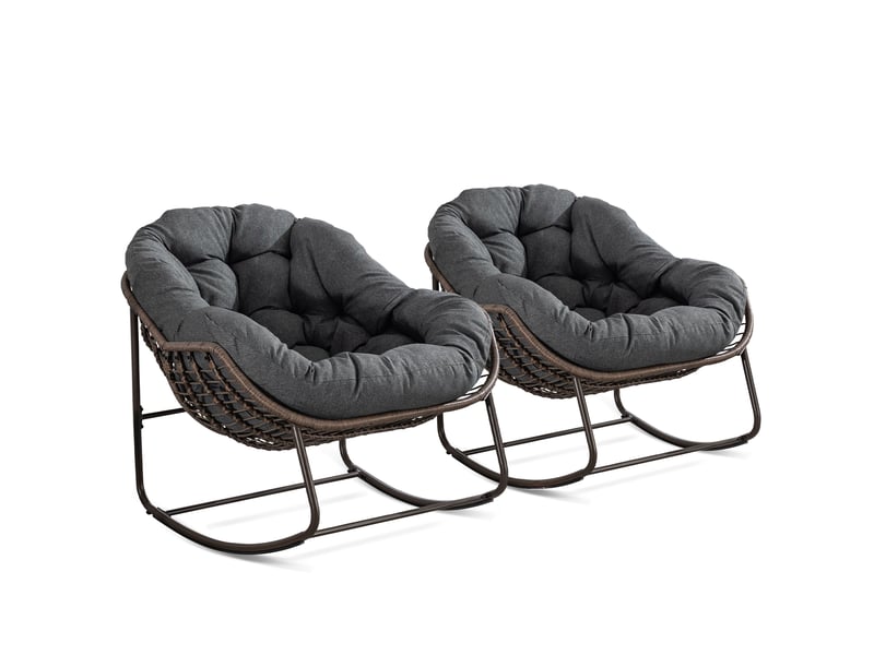  Cocon - lot de 2 fauteuils à bascule en rotin naturel – forme œuf et coussins gris anthracite – confortable pour salon, véranda ou chambre  - Conforama A