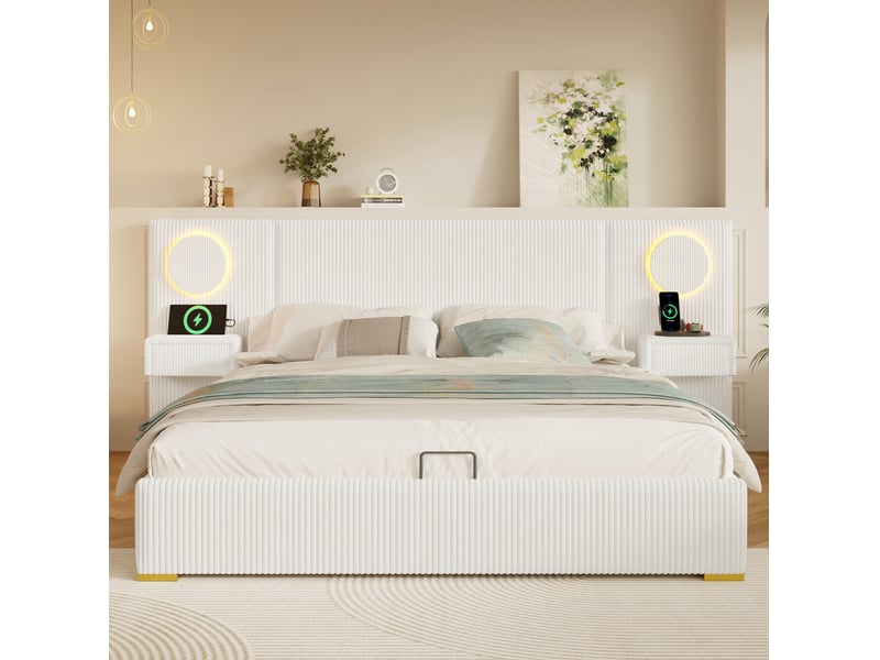  Lit double 180 × 200 cm coffre hydraulique avec led et prises usb, tête de lit rembourrée en velours beige pour chambre  - Conforama E