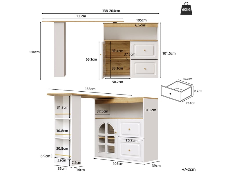  Meuble bar tournant extensible 138-204x39x104 cm porte en verre trempé cintrée, 2 tiroirs, pour cuisine, en mdf, blanc  - Conforama C