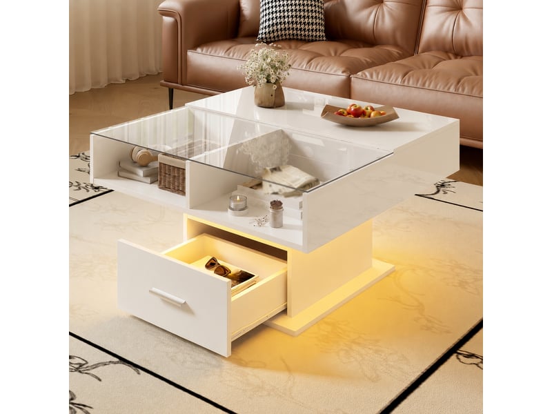  Table basse relevable blanche brillante avec éclairage led et hauteur réglable, 78 x 78 cm  - Conforama B