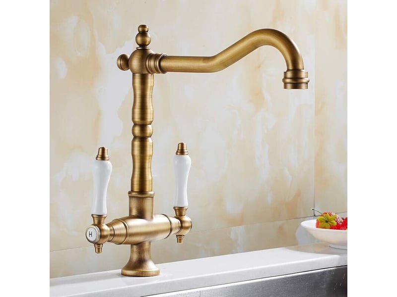  Robinet mitigeur traditionnel pour évier de cuisine en laiton massif avec double poignée bronze antique （antique）  - Conforama A
