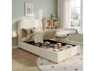 Lit coffre rembourré 90 x 200 cm, réglage hydraulique, sommier à lattes, éclairage led, pieds en bois massif, beige
