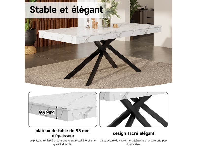 Table à manger extensible 140180 x 80 cm pour 6 à 8 personnes, plateau épais rectangulaire et pieds en métal, blanc evarich - Conforama D