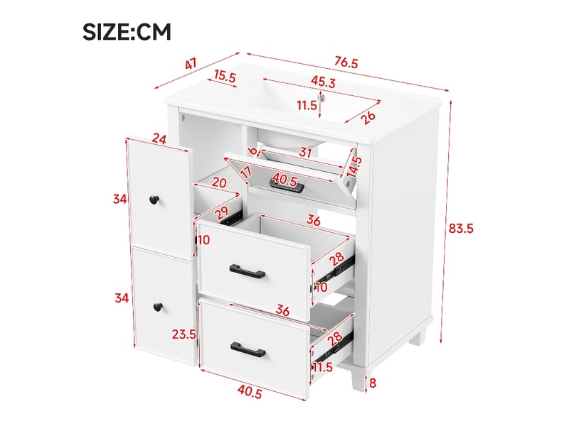 Meuble salle de bain sur pied avec lavabo en céramique intégré, meuble vasque blanc 76 cm, 4 tiroirs, mdf laqué - Conforama E