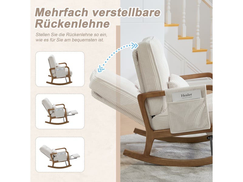  Fauteuil à bascule 70x80x92cm beige en velours côtelé, repose-pieds, coussin lombaire, dossier réglable et poche latérale pour sal  - Conforama E