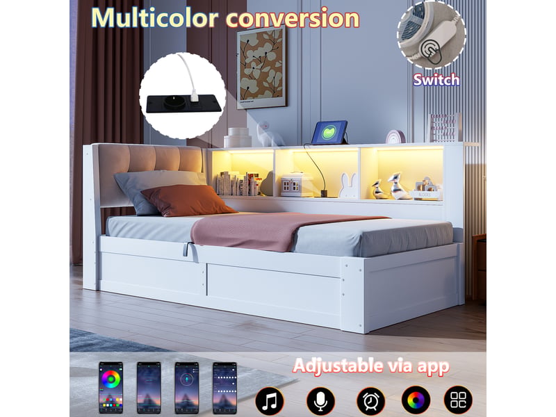 Lit banquette 90x200cm blanc, relevage hydraulique, led réglable, étagère, usb, sans matelas - Conforama E