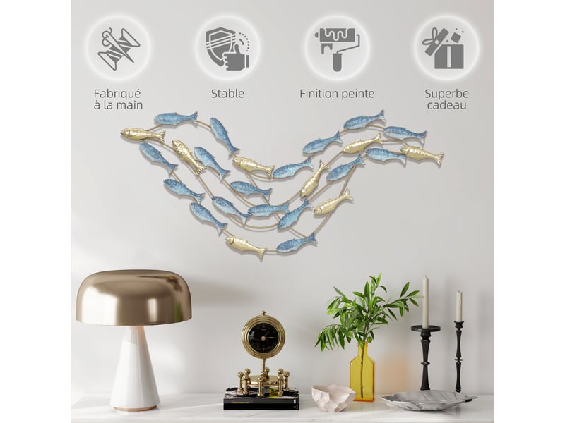  Décoration murale en métal moderne, sculpture murale en métal avec motif de poisson unique, bleu clair, 100 x 50 cm  - Conforama R