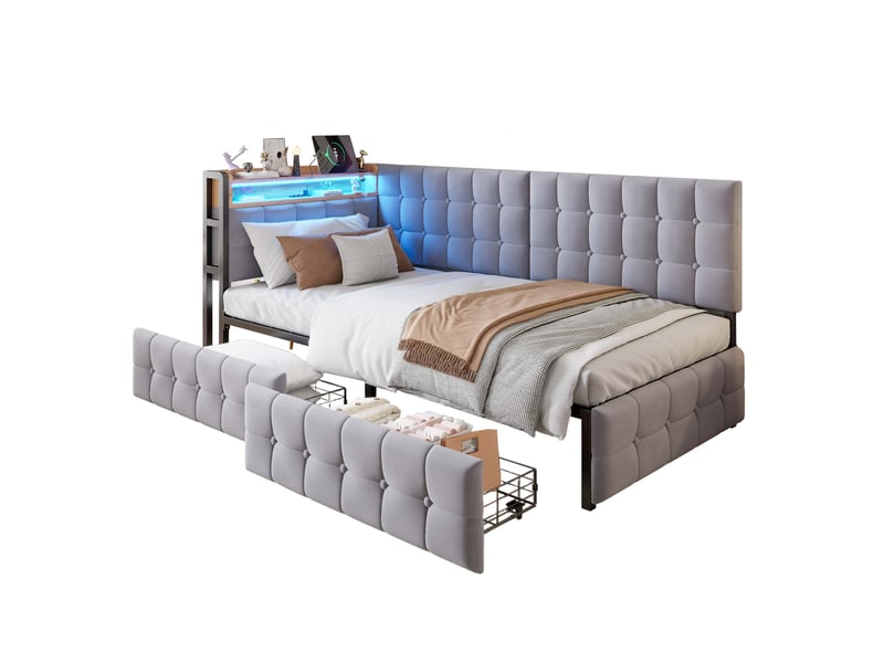  Canapé-lit 90x200 cm avec 2 tiroirs, led et ports usb-c, velours gris, sans matelas  - Conforama A