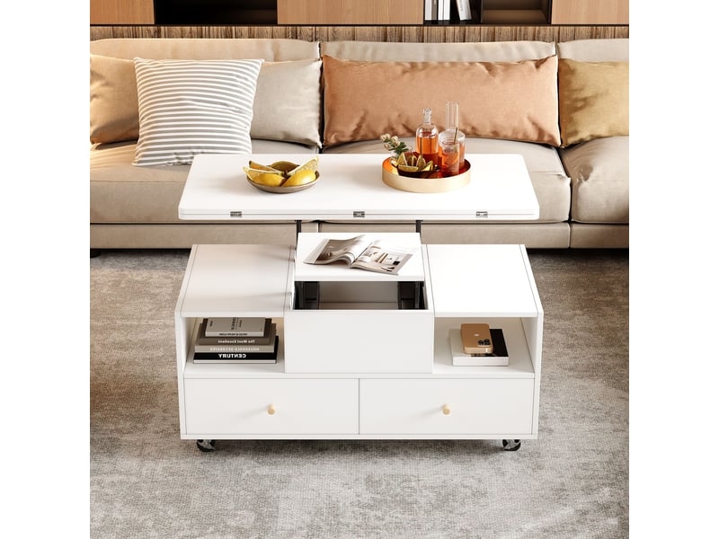 Table basse réglable en hauteur avec fonction pliante et 4 tiroirs, 100 x 50 x 47,5 cm, une grande et une petite table à levage hydraulique, table de salon mobile avec roulettes universelles, table d'appoint, blanche - Conforama B