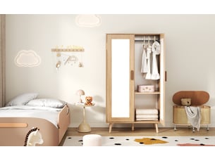 Armoire de chambre enfant, 2 portes battantes, penderie et étagère, 80 × 46 × 141,5 cm, blanc et effet bois naturel