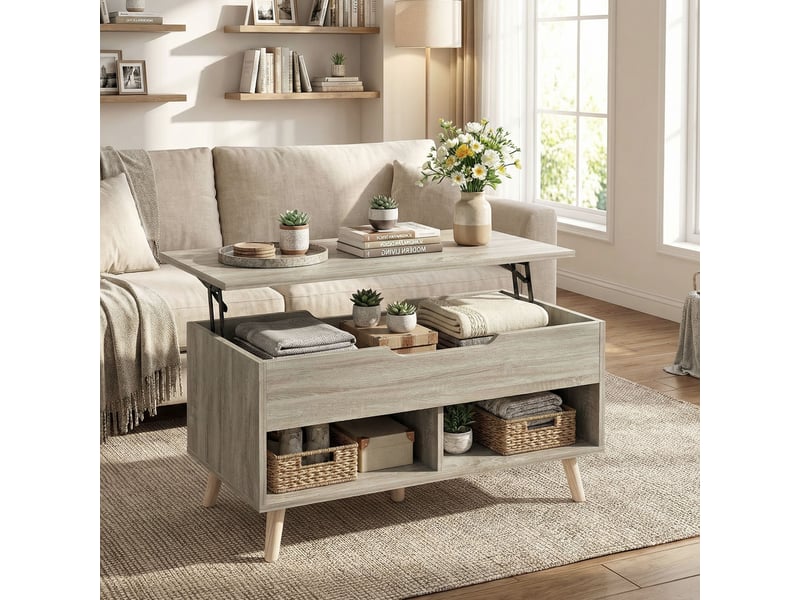  Table basse relevable, table de salon avec compartiment caché et étagères ouvertes, 75 x 40 x 58 cm, bois naturel  - Conforama D