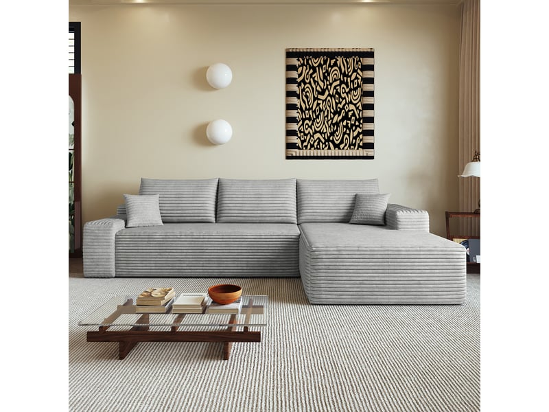 Canapé d’angle modulable 270 cm en velours côtelé, méridienne en l, assise profonde, sans montage, gris IKSETERA TRADING LTD - Conforama B