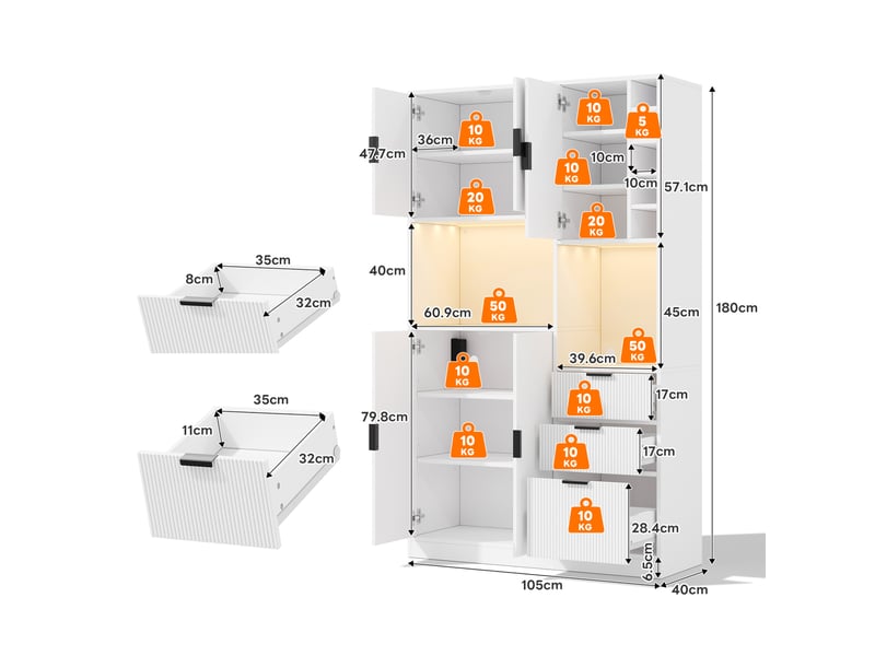  Buffet de cuisine modenvie 105 x 40 x 180 cm avec led, prises, 3 tiroirs, range-bouteilles, étagères réglables, mdf blanc  - Conforama C