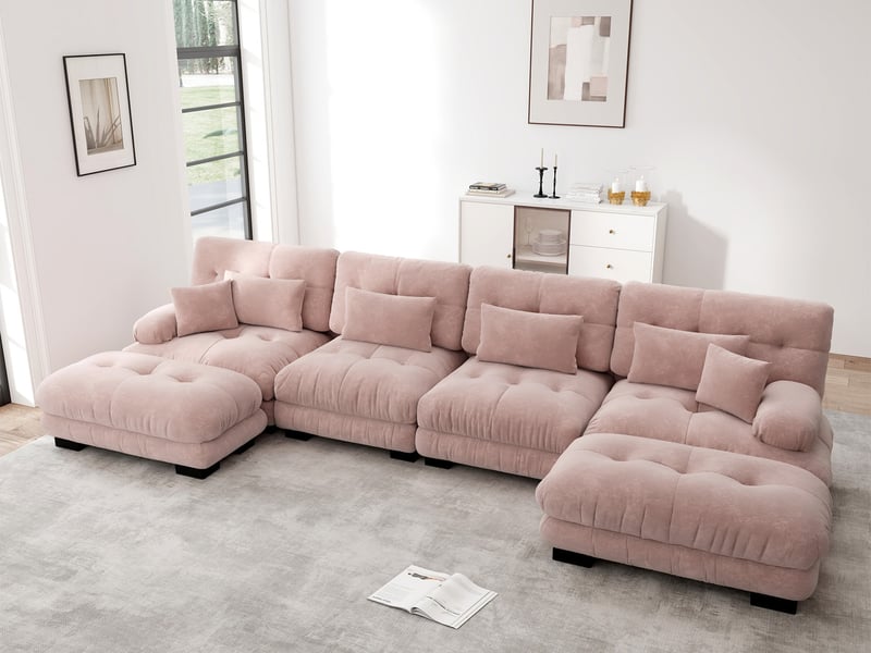  Canapé modulable en u 4 places avec ottomane en tissu rose  - Conforama B