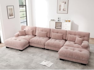 Canapé modulable en u 4 places avec ottomane en tissu rose