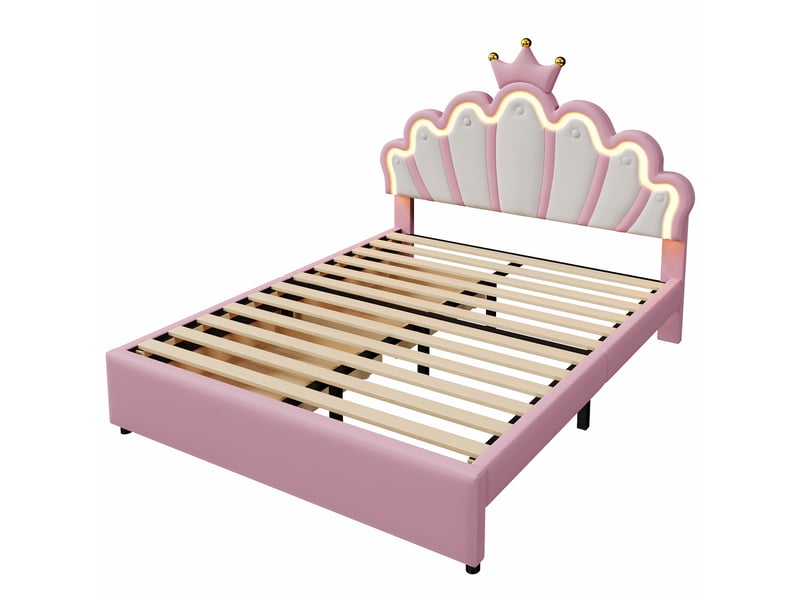  Lit 140x200 princesse avec tête de lit réglable, éclairage télécommandé et 2 tiroirs, simili cuir rose  - Conforama A