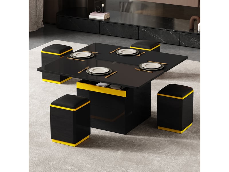 Table basse 100x50x43 cm relevable et dépliable, rangements et 4 poufs coffres, mdf et panneaux de particules, noir et jaune ABC - Conforama E
