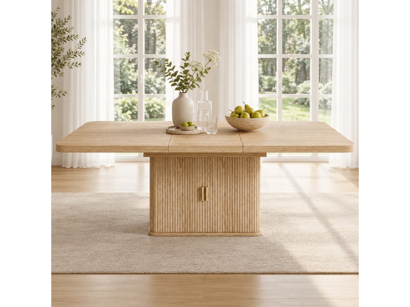 Table à manger extensible 150-200x90 cm pour 6 à 8 personnes, rangement intégré, plateau épais 2,8 cm, pied central, mdf effet chêne naturel - Conforama C
