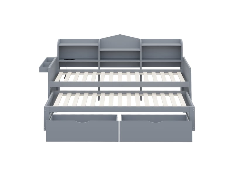  Canapé-lit 90x200 cm avec lit gigogne 90x190 cm, lit simple avec 2 tiroirs et panier de rangement, lit enfant avec prise usb, gris  - Conforama B