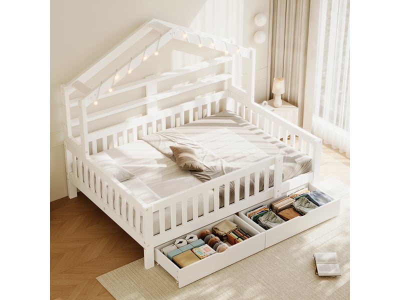  Lit cabane 140x200 cm avec led et 2 tiroirs de rangement, lit enfant en forme de maison avec toit et barrières de sécurité, pin et mdf blanc  - Conforama C