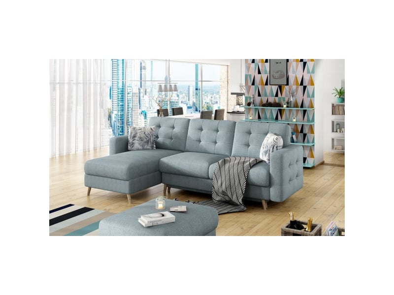  Canapé d'angle convertible hasgard 3 places bleu 248x162 cm – coffre et pieds bois  - Conforama D