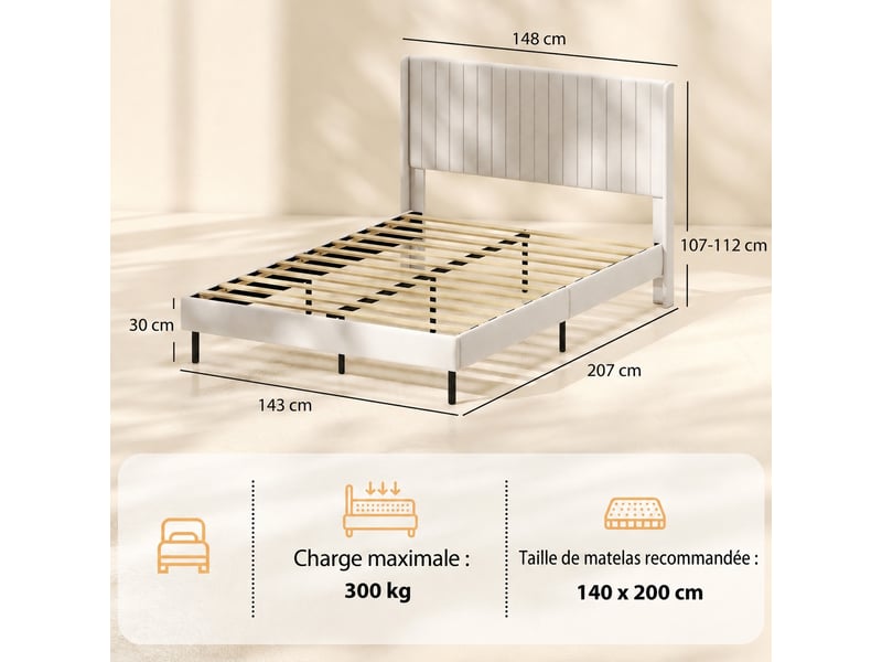 Lit rembourré 140x200 en velours beige avec tête de lit réglable de 107 à 112 cm et sommier 12 lattes - Conforama C