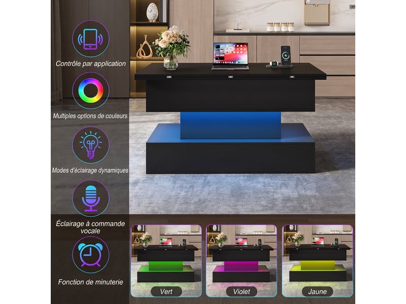  Table basse relevable 3 en 1 avec led et prise usb - rangement caché 100x50 cm noir  - Conforama D