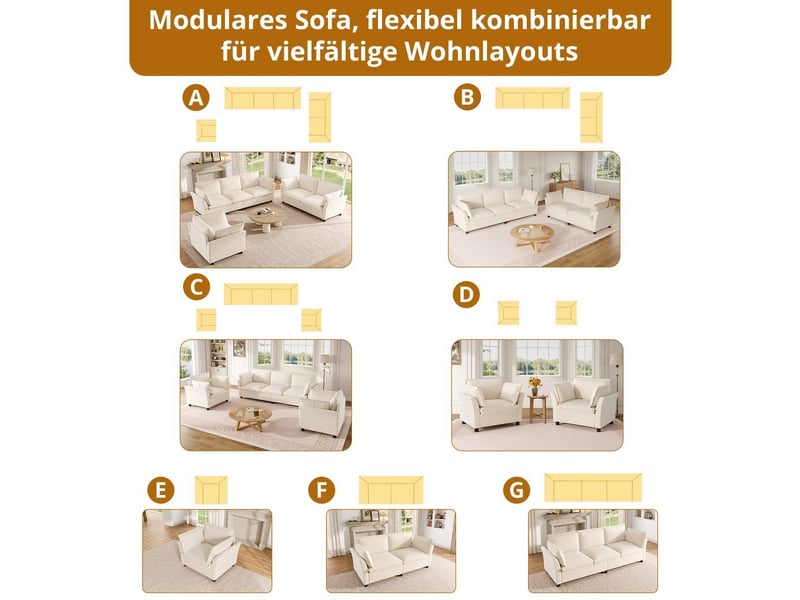Ensemble canapés modulables 3-2-1 en tissu chenille beige, avec coussins, rembourrage moelleux, sans montage N653P402A-123 - Conforama E