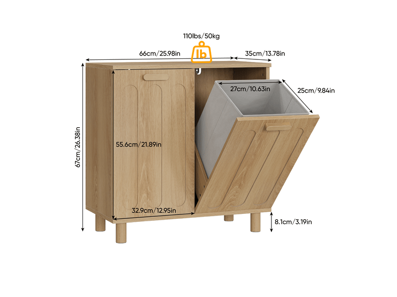 Meuble à linge 66 x 35 x 67 cm avec deux paniers basculants amovibles, mdf finition chêne - Conforama C