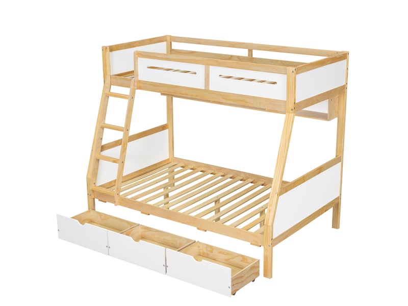 Lit superposé enfant 90x200 et 120x200 cm – blanc et naturel – 3 tiroirs et bibliothèque 2 m - sans matelas - Conforama D