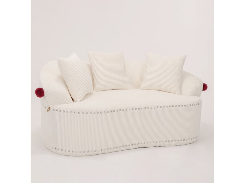 Canapé 2 places velours côtelé blanc 163x93x68 cm, lignes courbes, 3 coussins inclus - Conforama D