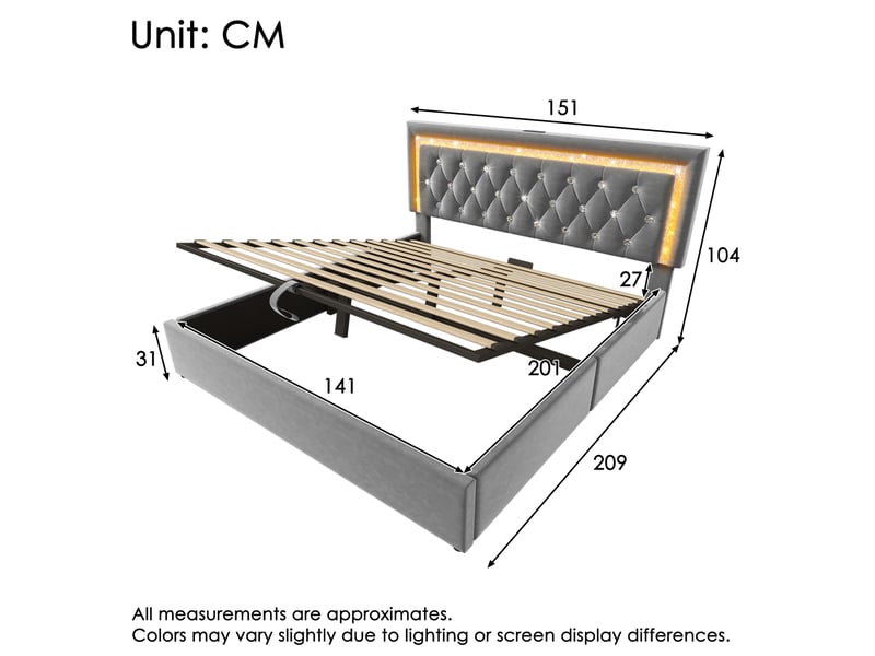  Modenvie lit coffre 140x200 cm - led intégrée, ports usb-c et rangement hydraulique, matelas inclus - gris  - Conforama C