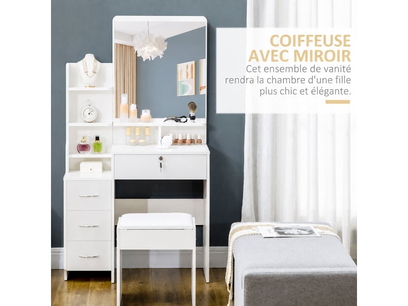 Coiffeuse blanche avec miroir et tabouret rembourré, 4 tiroirs et 4 étagères, 80 x 38 x 143 cm - Conforama D