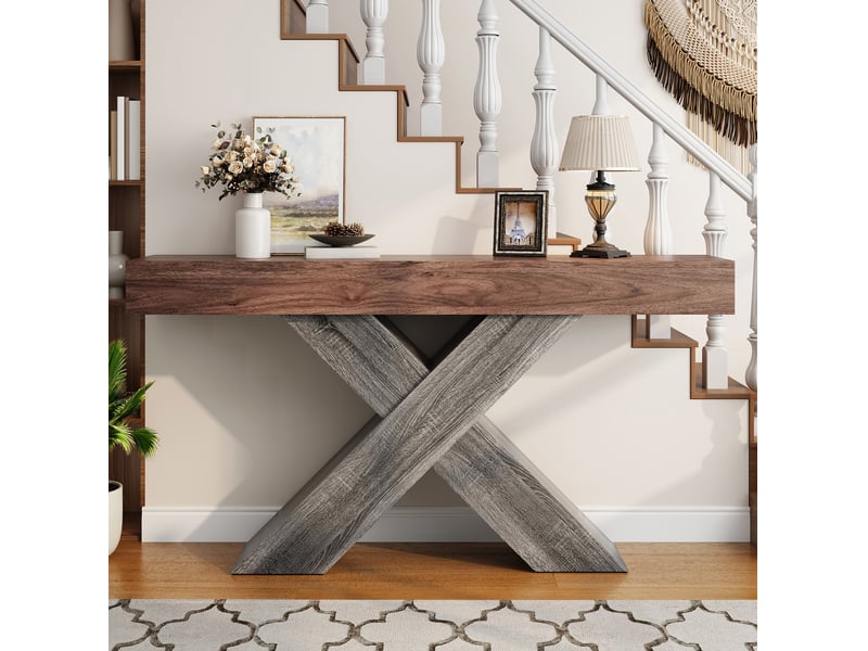  Console 140x30x80 cm effet bois coloris noyer avec supports en x  - Conforama B