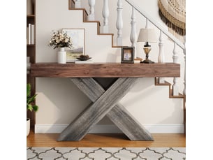 Console 140x30x80 cm effet bois coloris noyer avec supports en x