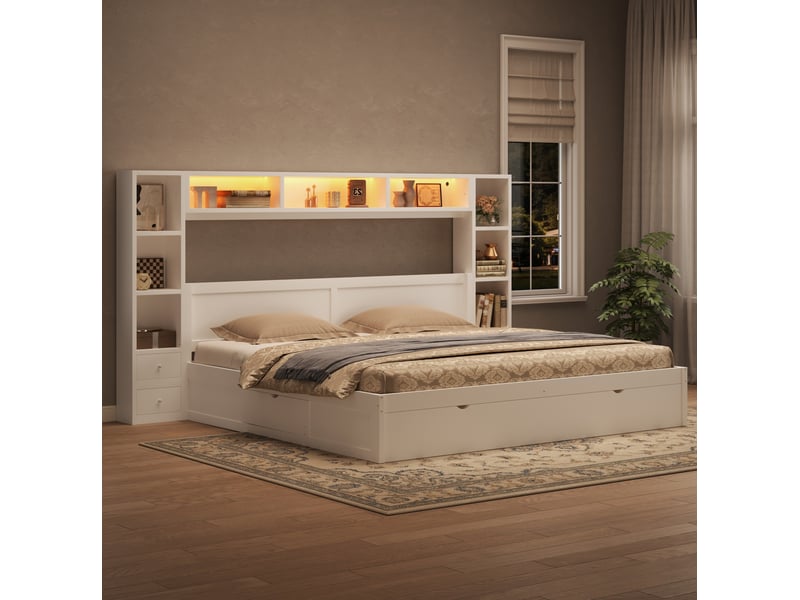  Lit plateforme modenvie 180 x 200 cm avec rangement, 7 tiroirs et led blanc  - Conforama B