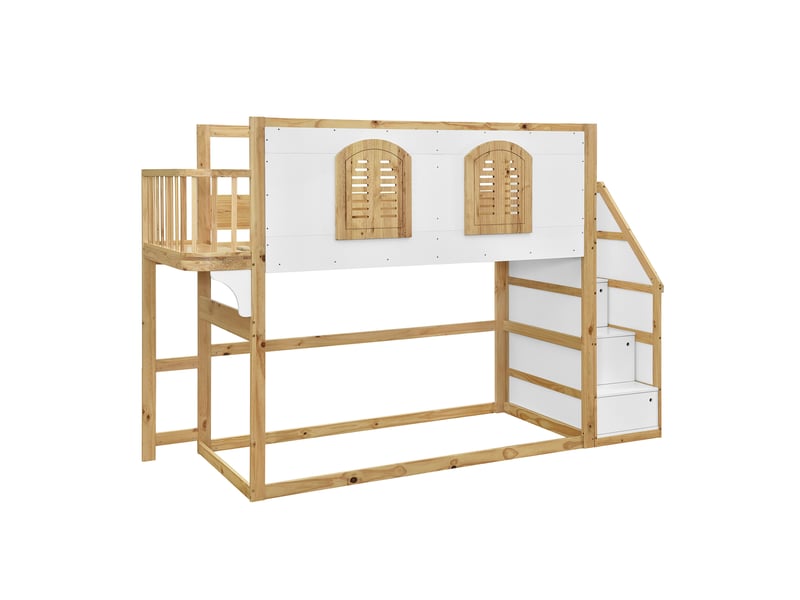 Lit mezzanine 90x200 cm avec escalier rangement et garde-corps, bois blanc et naturel - Conforama W