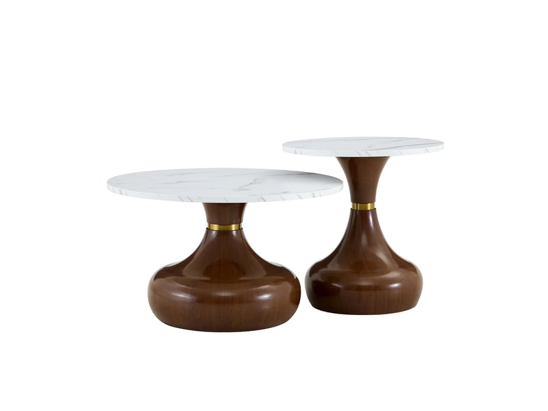  Lot de 2 tables basses rondes 70x42+50x51 cm, table d'appoint canapé, design empilable, marbre, métal, noyer et blanc  - Conforama A