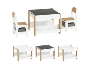 Ensemble 3 pièces table et 2 chaises pour enfant avec plateau réversible tableau noir, étagères, panier de rangement