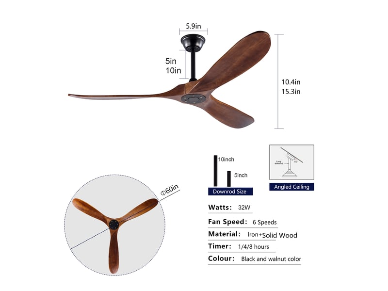  Grand ventilateur de plafond en bois 152 cm sans lumière, design mid-century pour terrasse, salon, garage et pavillon  - Conforama E