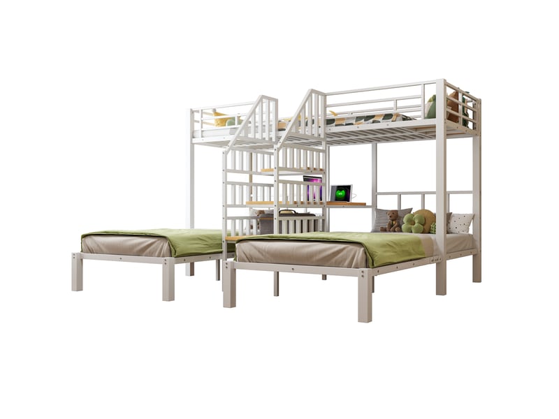  Lit superposé 90x200 cm avec bande lumineuse led et bureau, 3 couchages, lit enfant 2 ports usb + 1 prise électrique, blanc  - Conforama B