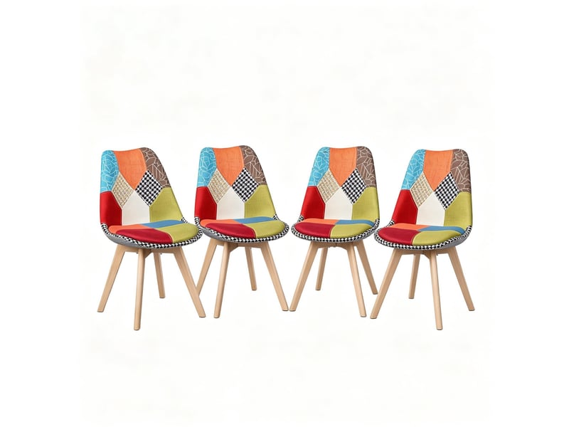  Chaise de salle à manger lot de 4, assise rembourrée et dossier incurvé en lin et bois multicolore  - Conforama A