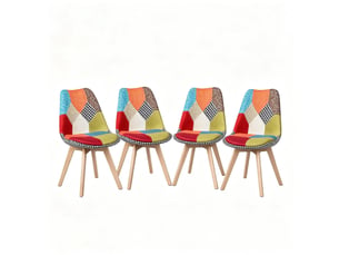 Chaise de salle à manger lot de 4, assise rembourrée et dossier incurvé en lin et bois multicolore