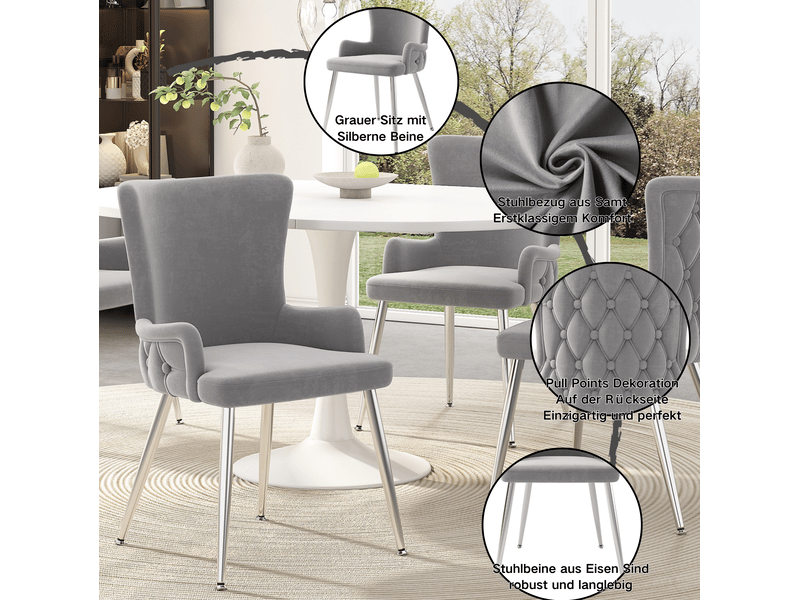  Lot de 6 chaise de salle à manger 55 x 45 x 85 cm – gris – velours, accoudoirs et pieds métal argenté  - Conforama E
