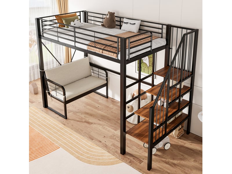  Lit surélevé 90 x 200 cm en métal avec canapé amovible et escalier de rangement noir  - Conforama B