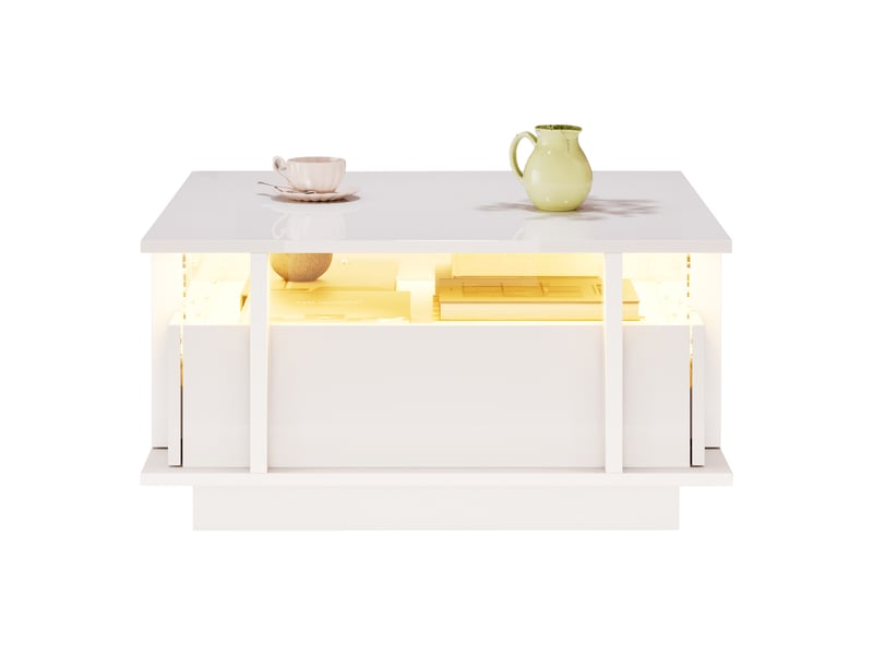  Table basse carrée blanche 70x70 cm avec 2 tiroirs, table de salon avec led et séparation en acrylique, finition laquée  - Conforama A