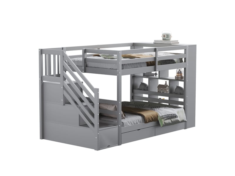  Lit superposé enfant en bois 90x200cm avec escalier de rangement,2 tiroirs et grand meuble de rangement,barrière haute,pin,métal et mdf,gris  - Conforama A