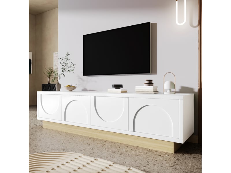  Meuble tv blanc 175 cm en mdf, 4 portes sans poignée, rangement et passe-câbles  - Conforama D
