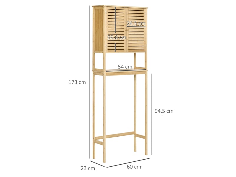  Étagère de toilettes meuble de salle de bain dessus toilette wc avec placard 2 portes et ouverte étagère 60 x 23 x 173 cm bambou  - Conforama C