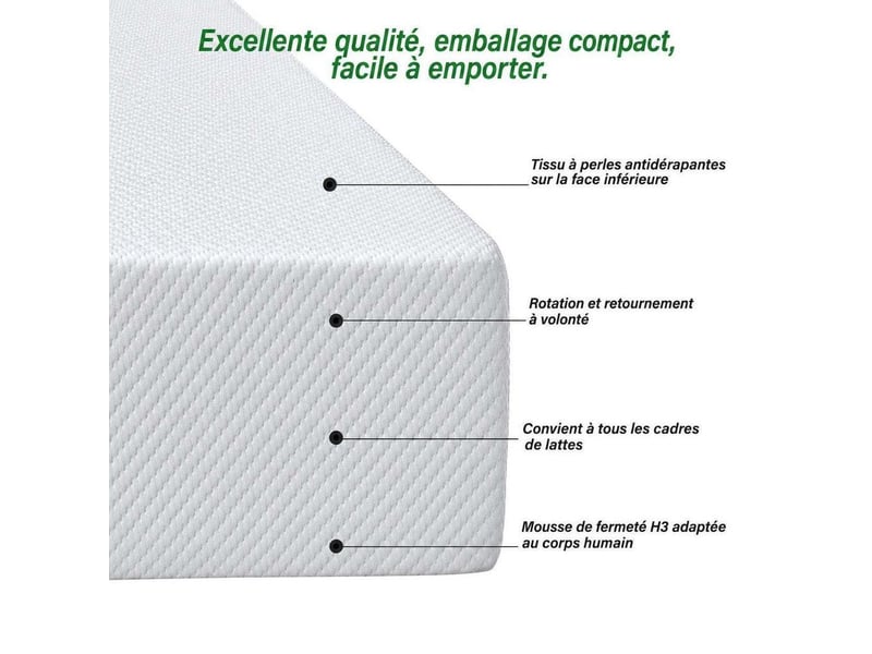  Matelas ergonomique en mousse 90x200 cm ferme H3 – Matelas 1 place certifié Oeko-Tex avec housse déhoussable antidérapante et poignées de transport  - Conforama D